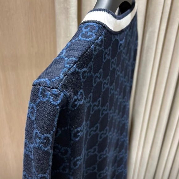 Gucci GG Logo Monogram Striped Jacquard Knit Cotton Cardigan in Navy size Large - Picture 5 of 8